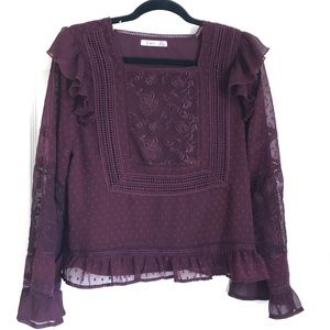 Maroon embroidered ruffled top